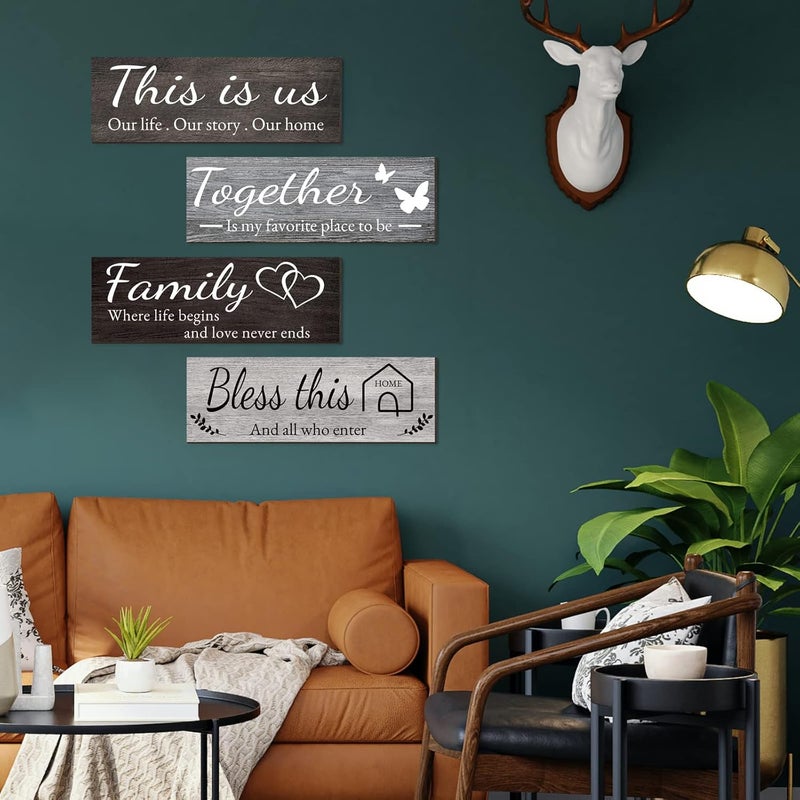 Joyhawk 4 Pieces Home Wall Decor Signs, THIS IS US/TOGETHER/BLESS THIS HOME/FAMILY Wall Decor For Living Room Bedroom, Rustic Wooden Farmhouse Wall Art Decor, 4.7 x 13.8 Inch(Mixed Color) - Image 5